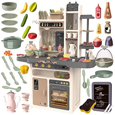 Afbeelding van Kinderplay KP3297 Speelkeuken, speelgoedkeuken, keukenset, met licht, water, stoom, klei, 65 keukenaccessoires, de hoogte bedraagt 93,5 cm vanaf vloer, tot werkblad 46