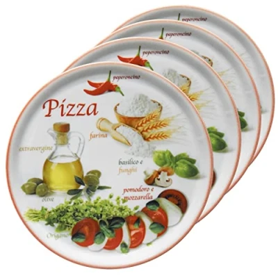 Afbeelding van MamboCat Set van 4 pizzaborden Napoli Red I Ø 33,8 cm groot formaat personen borden met motieven en opschriften Versierd Voor pizza of presentatie Porselein