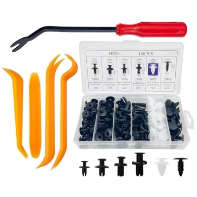 Afbeelding van Baxcdyswe 100 stuks kunststof klinknagels voor auto, 6 universele klinknagels, autoclips, autobevestigingsclips en 4 wiggen autobekleding, 1 verwijderingsgereedschap