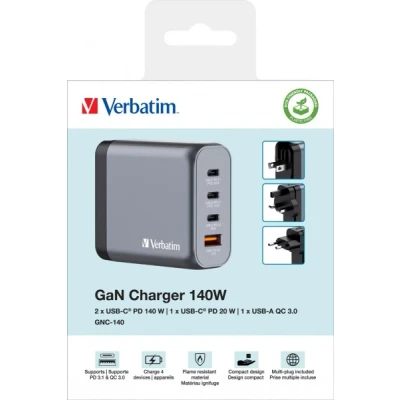 Afbeelding van Verbatim Ladeadapter, Universal, GNC 140, GaN, 140W, grau 1x USB A QC, 3x C PD, Retail