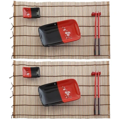 Afbeelding van 10 delige Sushi serveer set keramiek voor 2 personen zwart/rood servies