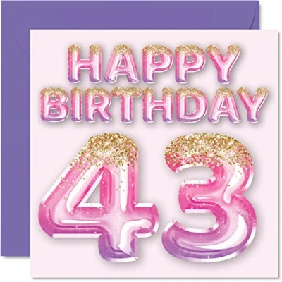 Afbeelding van Stuff4 Verjaardagskaart voor vrouwen, 43e verjaardag, roze en paarse glitterballonnen, verjaardagskaarten vrouwen van 43 jaar, moeder, neef, vriendin, zus, tante, 145 mm x