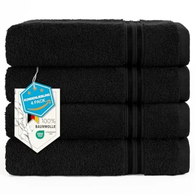 Afbeelding van Hammetex Set van 4 badhanddoeken, 50 x 100 cm, extra zacht en absorberend, 100% katoen, licht duurzaam, perfect voor badkamer, spa sportschool, zwart