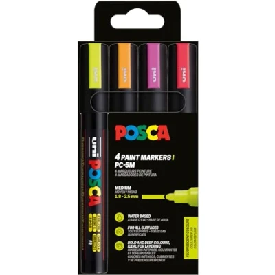 Afbeelding van Uni POSCA paintmarker PC 5M, 1,8 2,5 mm, etui van 4 stuks in fluo kleuren