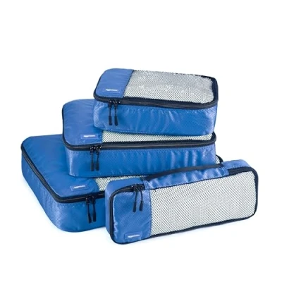 Image de Amazon Basics Lot de 4 cubes rangement zippés pour bagage Tailles S, M, L et Slim, bleu