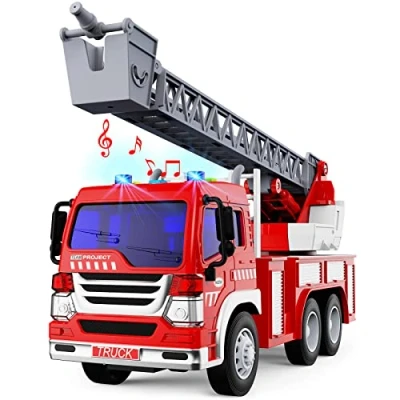 Afbeelding van TOYABI Brandweerauto voor kinderen, speelgoed met geluiden, brandweerauto, draaibare ladder, uitbreidbaar, bouw, cadeaus jongens en meisjes, 3, 4, 5, 6 jaar