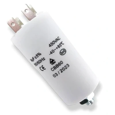 Afbeelding van DEKAROX Universele condensator 9µF 450V Ø 30 x 57 mm met steekklemmen AMP 6,3 bevestigingsschroeven M8 CBB60 start en racecondensator voor huishoudelijke apparaten