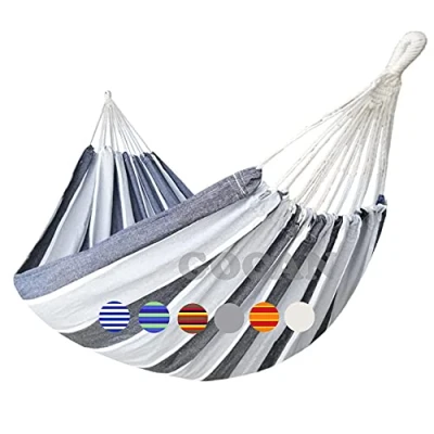 Afbeelding van GOCAN Braziliaanse dubbele hangmat voor 2 personen, extra groot, 220 x 150 cm, totale lengte 330 belasting 300 kg, katoenen hangmat, buiten en binnentuin (grijze strepen)