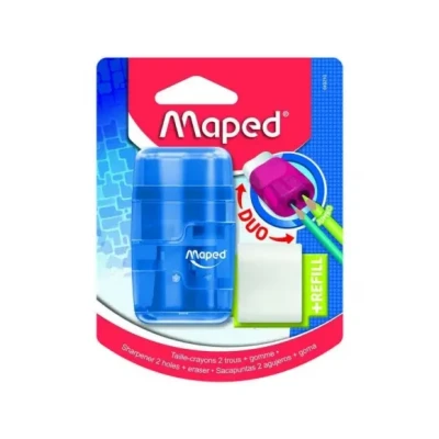 Afbeelding van Maped Schoolmateriaal Connect Duo Puntenslijper + gum 2 gaten om te slijpen met Spaanvak Inclusief reservegum 3 doorschijnende ontwerpen