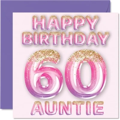 Afbeelding van Verjaardagskaart voor tante 60 jaar, roze en paarse glitterballonnen, verjaardagskaarten 60e tante, neef nichtje, 145 mm x