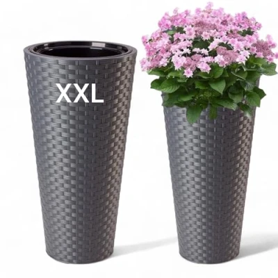 Afbeelding van MELTOM Ronde bloempot met uitneembare inzetstuk, rotanlook, antraciet, maat XXL