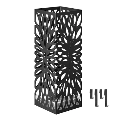 Afbeelding van SONGMICS LUC026B33 Vierkante metalen inlaat parapluhouder voor wandelstokken, afneembare wateropvangbak, 4 haken, zwart