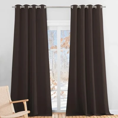 Afbeelding van PONY DANCE Gordijnen voor woonkamer, verduistering keuken &amp; huis, decoratie, thermogordijn, met oogjes, verlicht, geluidsbestendig, 140 cm breed x 245 hoog, bruin, 2 stuks