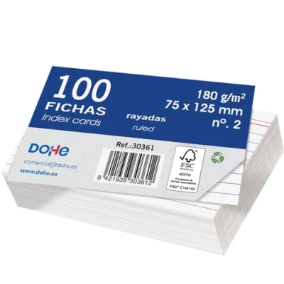 Afbeelding van Dohe Set van 100 gelinieerde kaarten karton, om notities te schrijven, afmetingen 12,5 x 7,5 cm, 180 g/m², nr. 2, kantoorbenodigdheden, wit