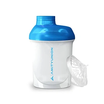 Afbeelding van AMITYUNION Protein Shaker White Blue Deluxe 400 ml Lekvrije proteïneshaker BPA vrij met zeef en schaal voor romige weiproteïnepoedershakes Gym Fitnessfles isolaten trainingsbooster