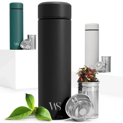 Afbeelding van Geïsoleerde waterfles met thee en fruitinfusie + fruitzeef BPA vrije theezeef Thermoskan 450 ml van roestvrij staal vacuüm geïsoleerd drinkfles voor kantoor buiten school reizen sport (zwart)