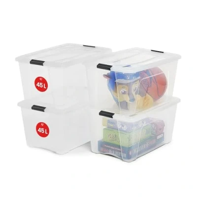 Afbeelding van Iris Ohyama Opbergdozen, set van 4 stuks, 45 liter, met clips, stapelbaar, voor woonkamer, slaapkamer, garage Top Box TB transparant