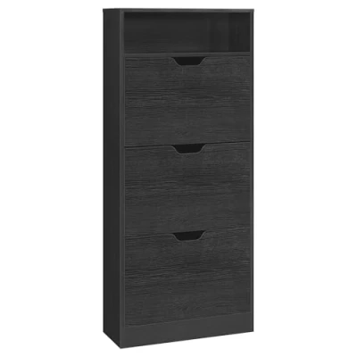 Afbeelding van VASAGLE LBC046B03 Schoenenkast met 3 kleppen, schoenenrek, open vak, verstelbare scheidingswand voor 14 18 paar schoenen, hal, 24 x 60 139 cm, ebbenhout zwart