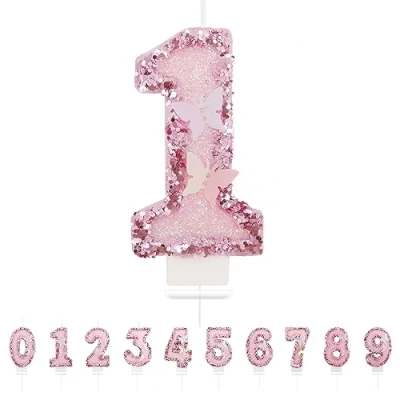 Afbeelding van Partyhausy Verjaardagskaarsen nummer 1,3D, roze, kaars 1, vlinderdecoratie, verjaardagstaart, topper, decoratie, voor kinderen, volwassenen
