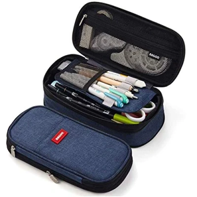 Afbeelding van iSuperb Potloodhouders Pencil Holder Etui Studenten Potlood Opbergtas Canvas Pennenbak Super Grote Capaciteit Pennenetui Organizer Briefpapier Potloodtassen (Donkerblauw)