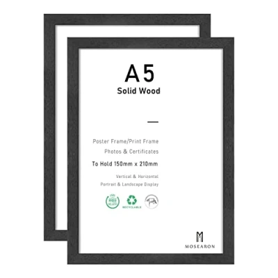 Afbeelding van A5 zwart houten posterframe met plexiglas front fotolijst voor wandmontage (zwart hout, 15x21cm, set van 2)
