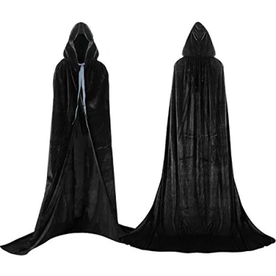 Afbeelding van Proumhang Zwarte cape met capuchon, lang fluwelen kostuum, Halloween, carnaval, kerstkostuum, volwassenen, mannen, vrouwen
