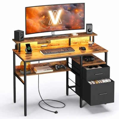Afbeelding van VASAGLE Gamingbureau met ledverlichting en stekkerdoos, computerbureau displaystandaard, tafel opslag, 2 laden van stof, USB poorten, voor kantoor, rustiek bruin LWD093K01