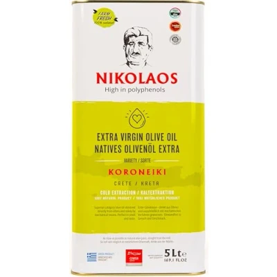Image de Huile d&#039;olive 5L de Crète, Grèce &quot;Nikolaos&quot; qualité premium Extra vierge, première pression à froid, faible acidité Riche en polyphénols Nouvelle récolte 20242025 DDM : sept.nov. 2026