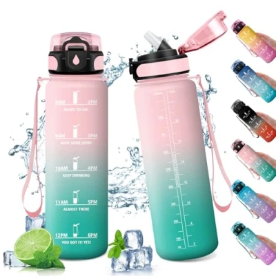 Afbeelding van Gourde de sport avec indicateur temps motivation, bouteille paille, réutilisable, sport, gym, école,
