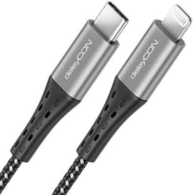 Afbeelding van deleyCON 2 m USB C naar Lightning 8 pins nylon oplaadkabel en gegevens, ultrasnel opladen, MFi gecertificeerd voor Apple iPhone 14 13 12 11 Pro Max Mini metalen connector stroomoutput