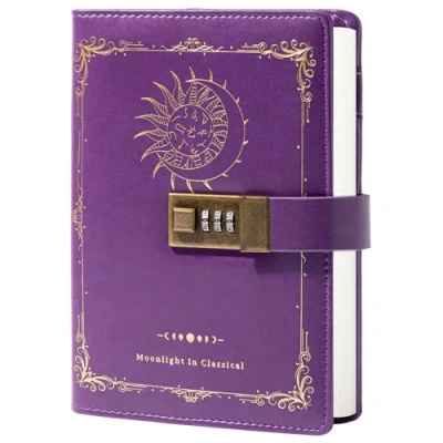 Afbeelding van Sterrenbeeld Leren dagboek met slot, dierenriem maan en zon om te schrijven, B6 notitieboek gelinieerd papier voor dames heren (paars)