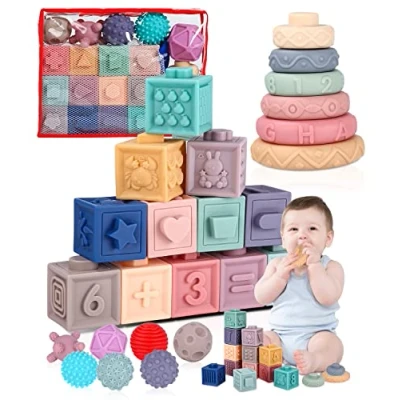 Afbeelding van Zawaer Montessori Kinderspellen 1 jaar, 25 stuks stapelbare kubussen, spelletjes voor kinderen, educatief spel speelgoed kinderen van 6 maanden,