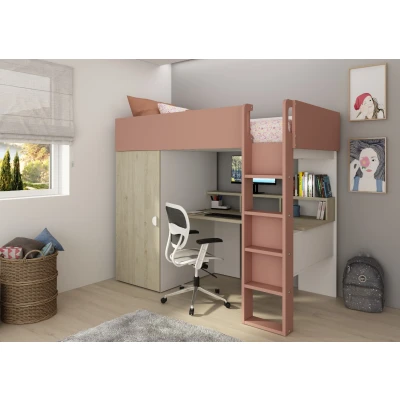 Afbeelding van Flow hoogslaper met bureau en kast 90x200 Eiken/roze