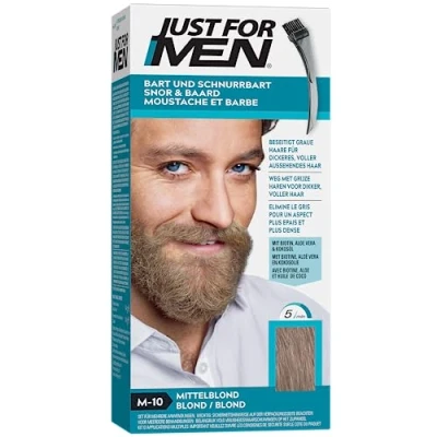 Image de Just For Men Teinture Barbe Blond, Coloration Moustache et Homme, Élimine Les Poils Blancs Pour un Look Plus Épais, Avec pinceau applicateur. Rapide facile M10