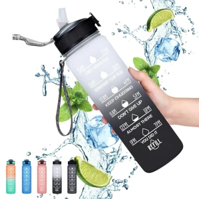 Afbeelding van Gaiayhc Sportwaterfles, 1 liter, met tijdmarkering en rietje, lekvrij design voor sport, wandelen, fitnessstudio, fitness, outdoor, fietsen, school kantoor, paars kleurverloop, blauw (zwart)