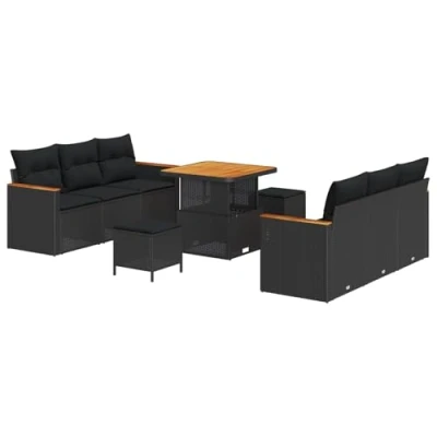 Afbeelding van vidaXL 9 delige tuinsofa set met kussens zwart poly rattan en acacia