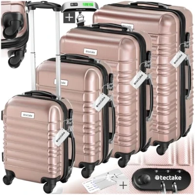 Afbeelding van tectake® 4 delige kofferset met harde schaal Reiskofferset wielen ABS Telescopisch handvat en slot Incl. bagageweger , trolleymaten S M L XL rosegoud