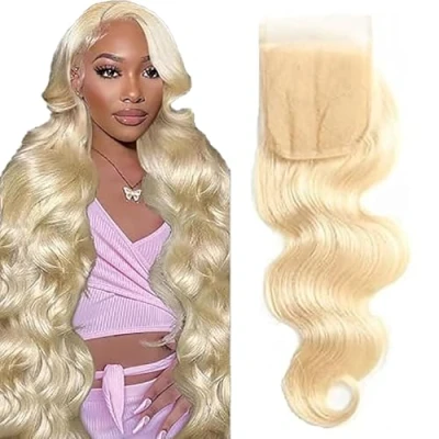 Afbeelding van Tuheerst Braziliaanse kanten sluiting van menselijk haar, sluiting, 4 x 4, body wave, blond, met babyhaar, voorkant, top, Zwitserse kant, voor dames, 40,66 cm