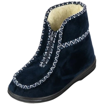 Afbeelding van APREGGIO Pantoffels voor dames, warm, comfortabel, met ritssluiting, wolvilt en wollen vulling, binnen buiten, winterpantoffels, Blauw