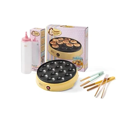 Afbeelding van Bestron Poffertjesmaker in retro design + doseerfles voor 700 ml, met schaalverdeling 3x Servertang, Cadeu set, kleur: Multikleurig/Geel