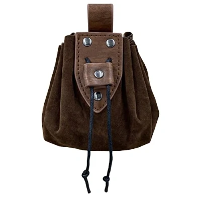 Afbeelding van HiiFeuer Middeleeuwse vintage PU lederen tas met trekkoord, handtas, portemonnee, klinknageltas, riem, kubustas voor rollenspel, Bruin A