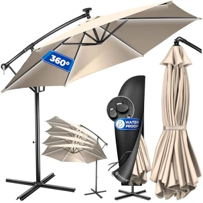 Afbeelding van KESSER aluminium driekleurige zonnebrandparasol, 350 cm met afdekking, windbescherming zwengelmechanisme, uv bescherming, aan/uit schakelaar