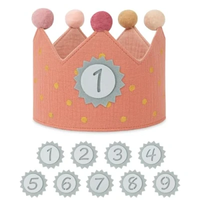 Afbeelding van URAQT verjaardagskrans met cijferknop 0 9 voor meisjes en jongens, feesthoeden kinderverjaardag, feestdecoratie, Roze gestippeld