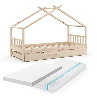 Afbeelding van Vitalispa hut bed &quot;Design&quot;, naturel hout, 90x200 cm met extra en 2 matrassen