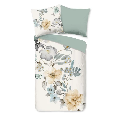 Afbeelding van Dekbedovertrek 135x200 cm Bloemen Print Wit/Beige/Blauw 1 Persoons 100% Katoen Oeko Tex Gecertificeerd