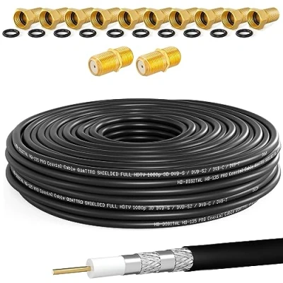 Afbeelding van HB DIGITAL 30 m SAT coaxkabel HQ135 PRO met 2x F stekker + 10x verguld satelliet antennekabel viervoudig afgeschermd voor DVB S/S2 C/C2 T/T2 DAB radio