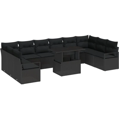 Afbeelding van vidaXL 11 delige tuinset met kussens in zwart poly riet