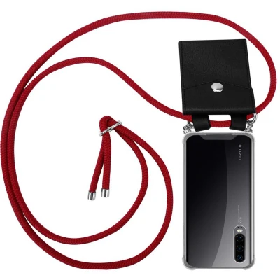 Afbeelding van Cadorabo Hoesje geschikt voor Huawei P30 in ROBIJN ROOD Silicone Mobiele telefoon ketting beschermhoes met zilveren ringen, koordriem en afneembaar etui