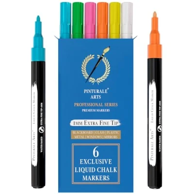 Afbeelding van Pinturale Arts Lot de 6 Marqueurs à craie pointe extra fine 1 mm liquide Pour fenêtres, tableau noir, verre, facile effacer Stylos