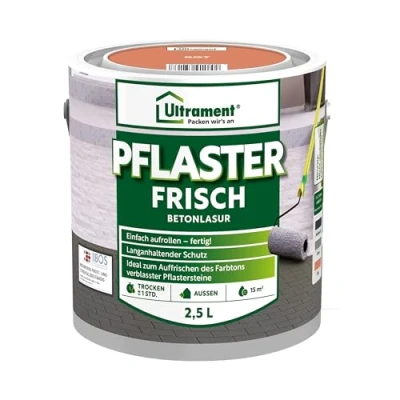 Afbeelding van Ultrament Pleister Fresh Betonbeits Rood, 2,5 liter: Gemakkelijk aan te brengen, UV en weerbestendig, sneldrogend, ideaal voor buitenruimtes absorberende betonblokken.